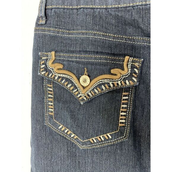 Midi Denim Skirt Size XL Y2K Dark Blue Be-Girl Embroidery Flap Pockets Modest - Picture 6 of 8